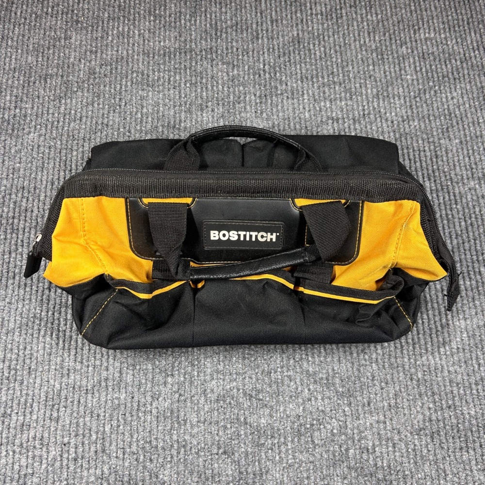 Bostitch Tool Bag Black Yellow Hard Bottom Multi Pocket Zippered 14 Inch Carry